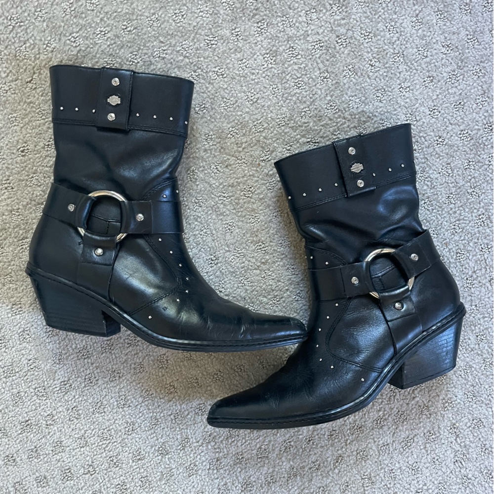 Harley Davidson Black Leather Harness Ankle Booties w/ Silver Embellishment (8)